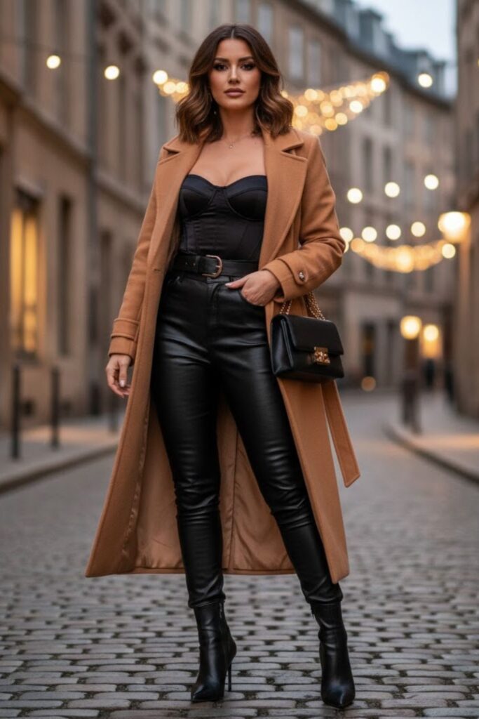 1. Faux Leather Pants with Corset Top and Long Coat