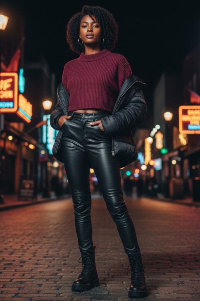 1. Faux Leather Pants with Cropped Sweater and Puffer Jacket