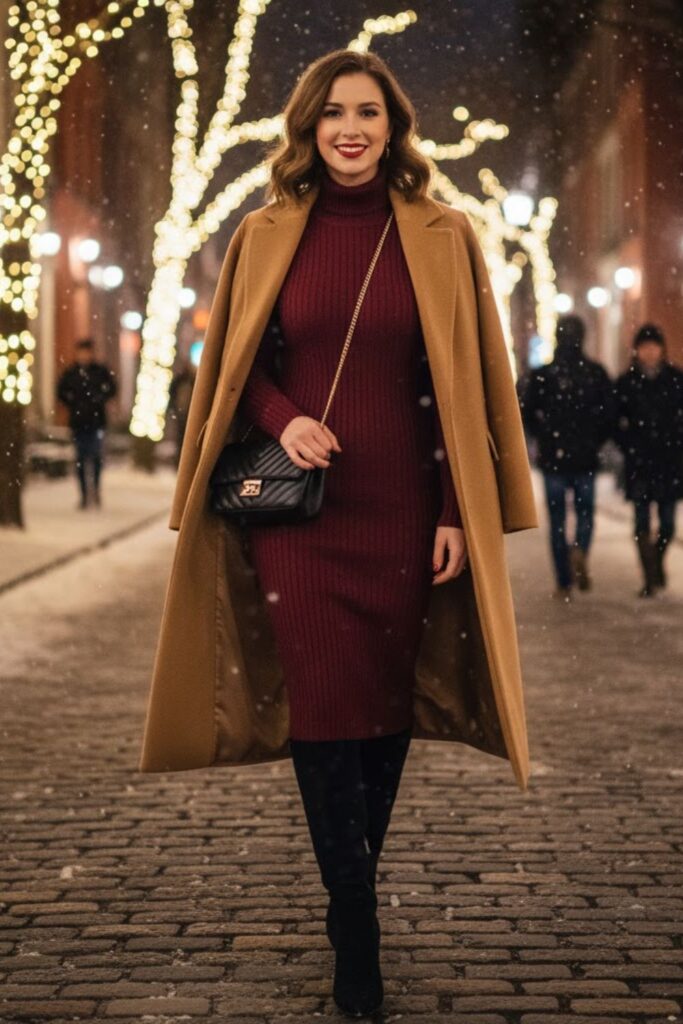 1. Fitted Knit Dress with Long Wool Coat