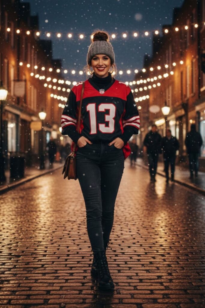 1. Football Jersey Over Turtleneck and Skinny Jeans