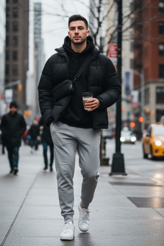 1. Grey Sweatpants with Black Hoodie and White Sneakers