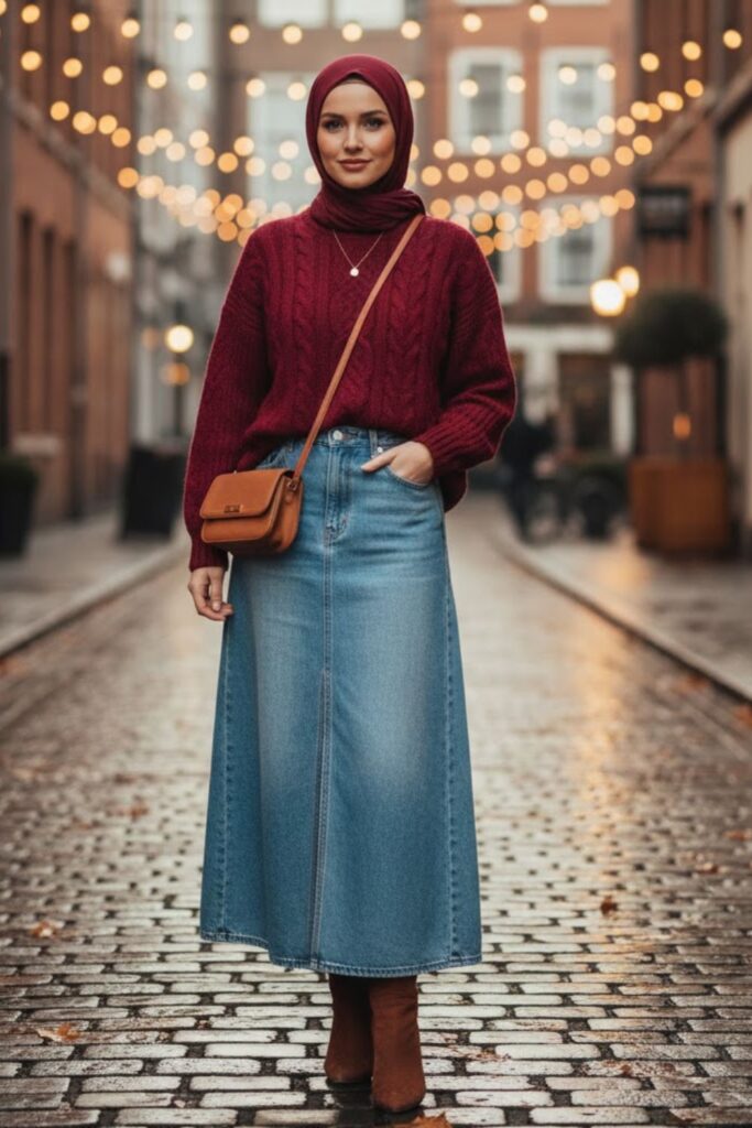 1. Long Denim Skirt with Chunky Knit Sweater and Ankle Boots
