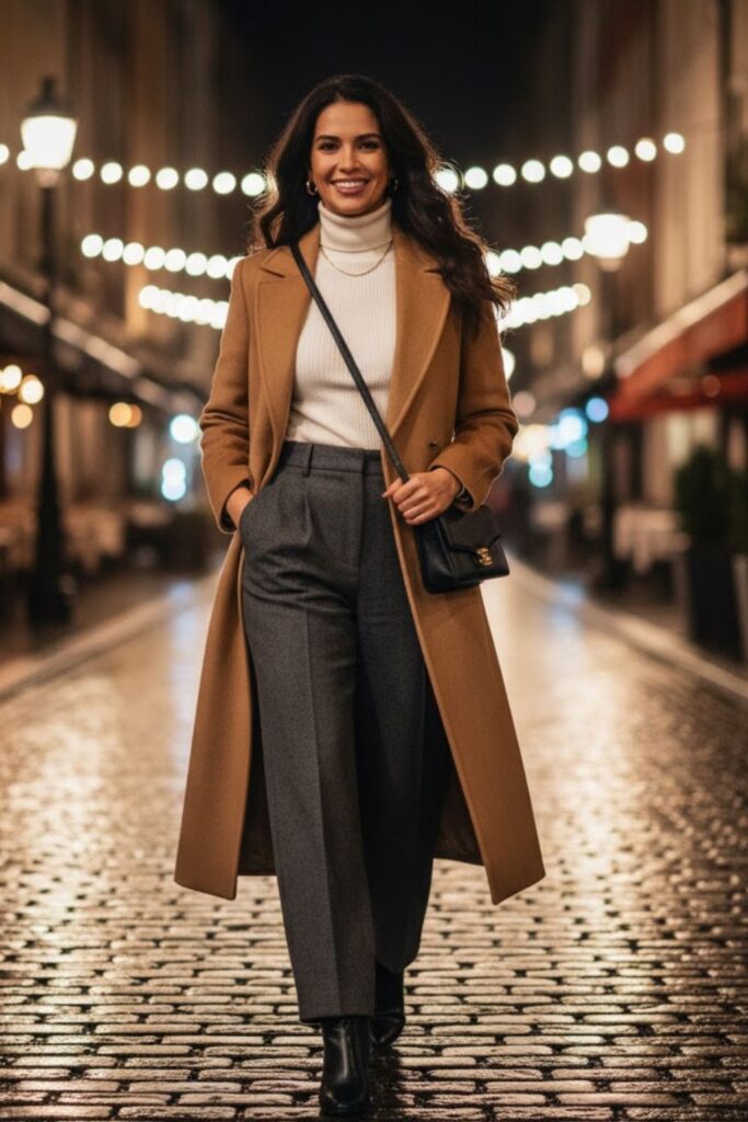 1. Long Wool Coat with Wide-Leg Trousers