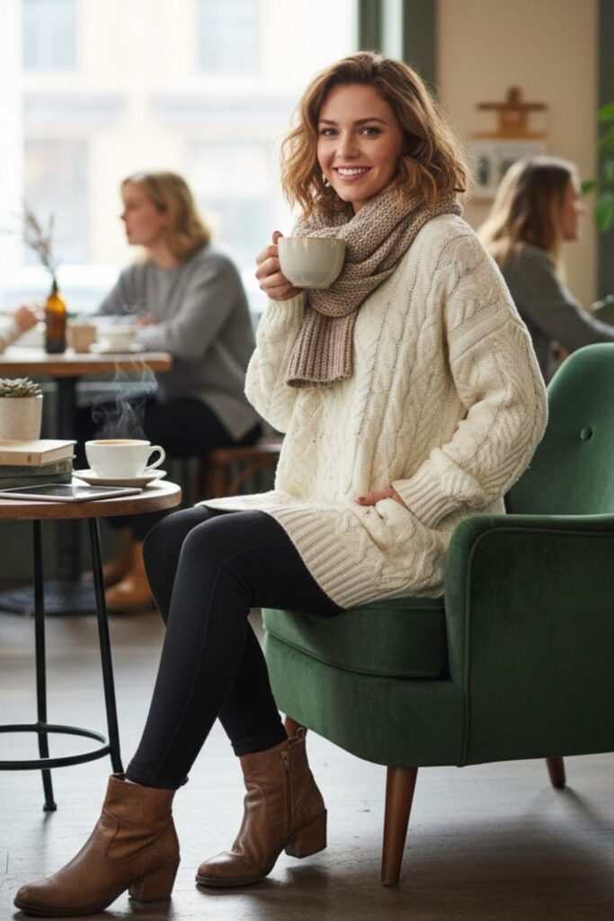 1. Oversized Cream Sweater with Fleece-Lined Leggings