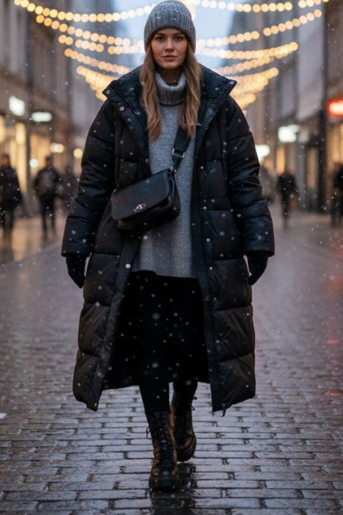 1. Oversized Puffer Coat with Leggings