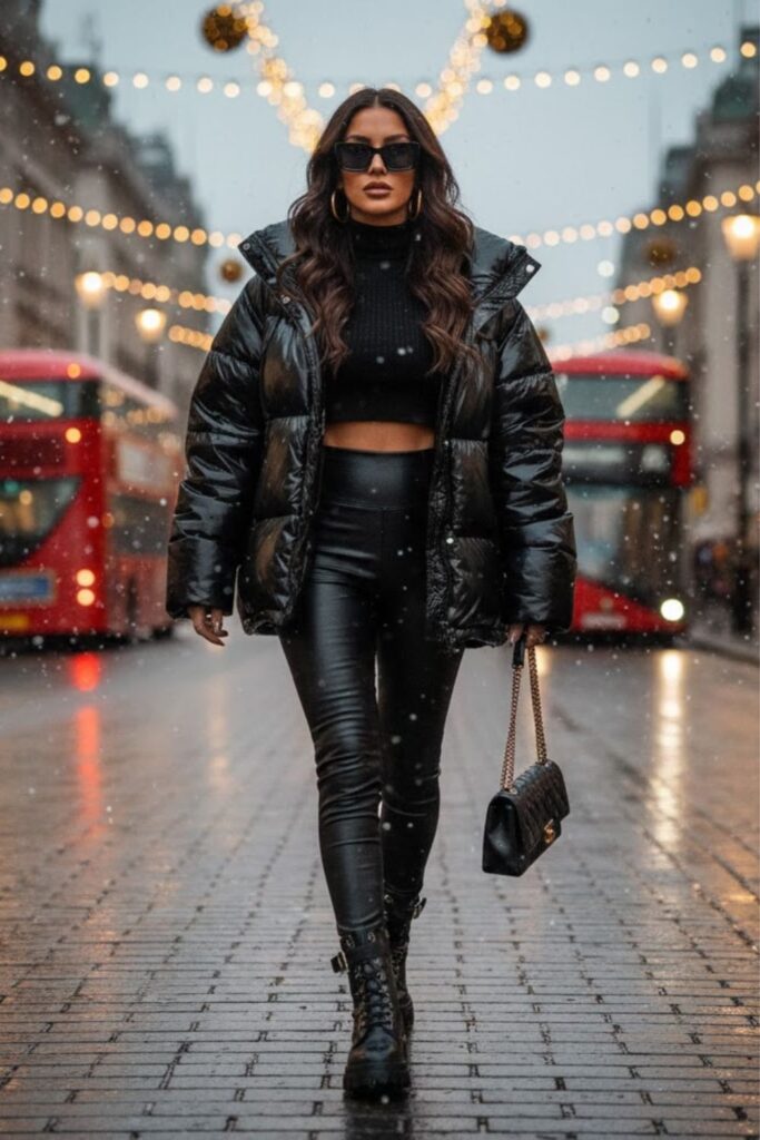 1. Oversized Puffer Jacket with Biker Boots