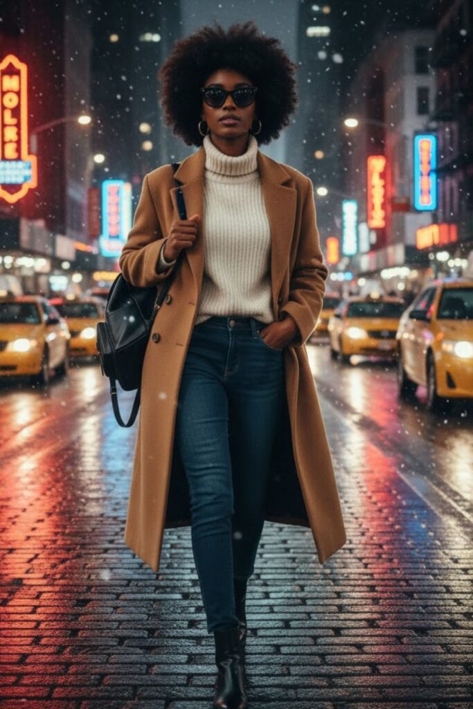 1. Oversized Wool Coat with High-Neck Sweater and Jeans