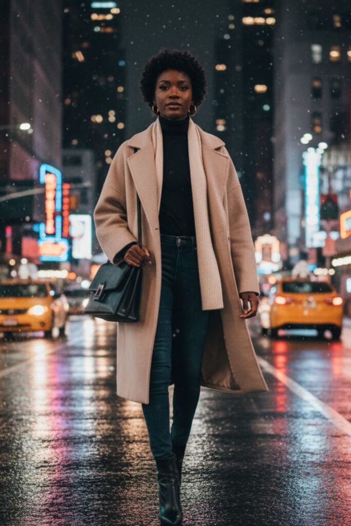 1. Oversized Wool Coat with Turtleneck and Skinny Jeans