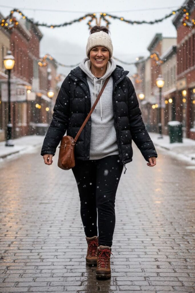 1. Puffer Jacket with Fleece Hoodie and Leggings