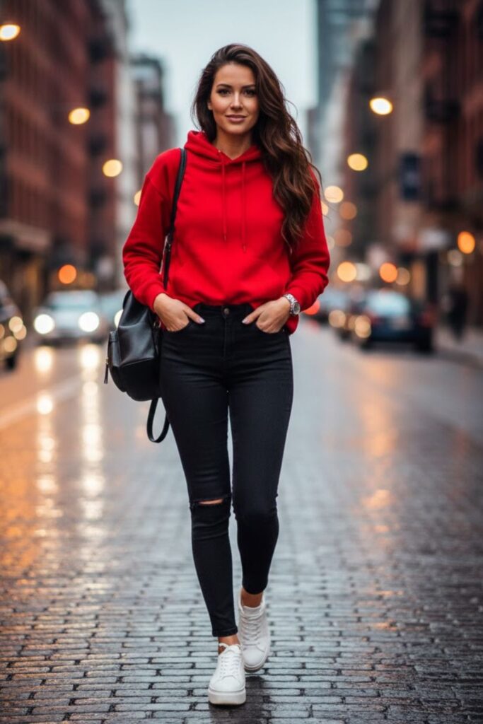 1. Red Hoodie with Black Jeans and White Sneakers