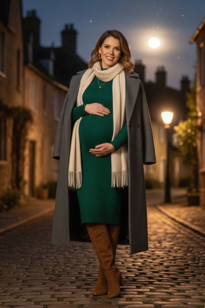 1. Ribbed Maternity Sweater Dress with Knee-High Boots