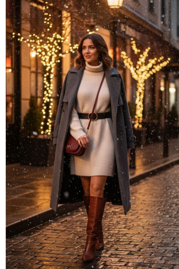 1. Sweater Dress with Knee-High Boots