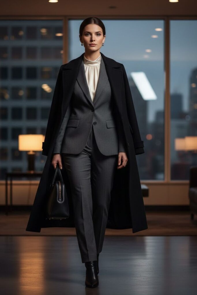 1. Tailored Wool Suit with Blouse and Heels