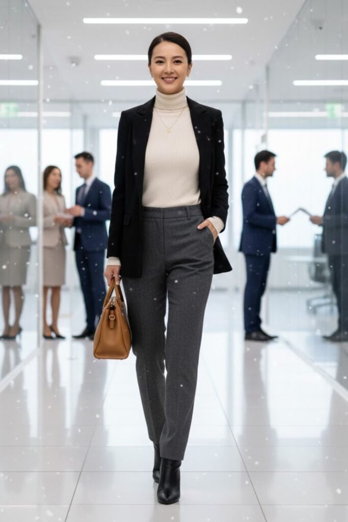 1. Turtleneck and High-Waisted Trousers