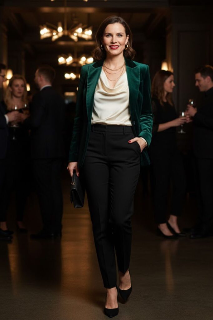 1. Velvet Blazer and Silk Blouse