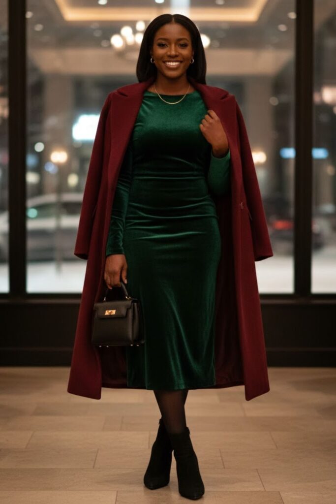1. Velvet Midi Dress with Heeled Ankle Boots