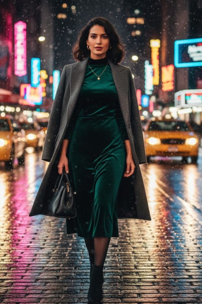 1. Velvet Midi Dress with Heeled Boots and Wool Coat