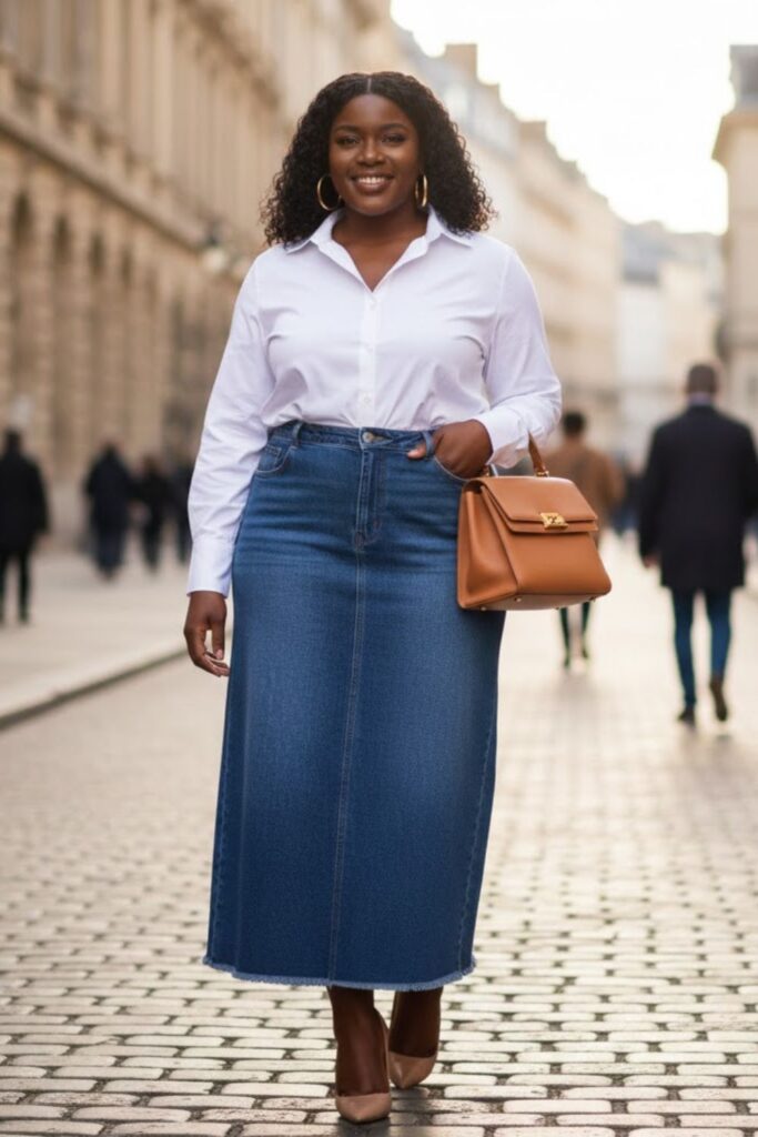 1. White Button-Up and Indigo Denim Skirt
