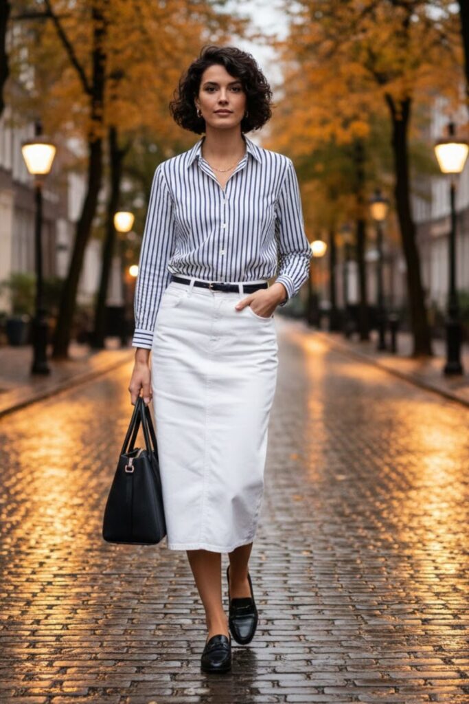 1. White Denim Midi Skirt with a Striped Button-Up Shirt