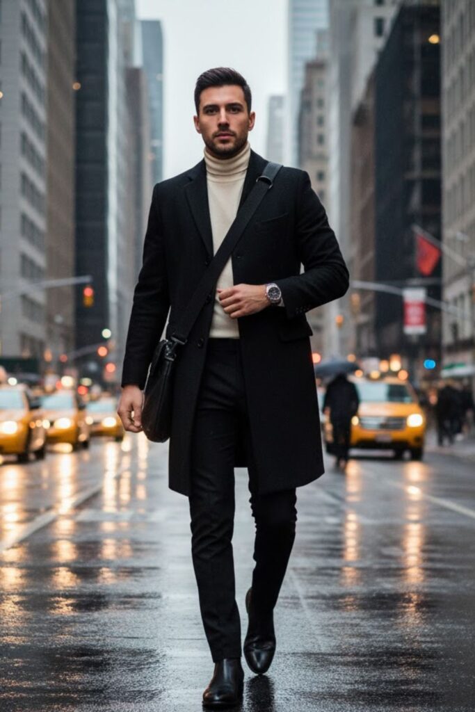 1. Wool Overcoat with Turtleneck and Chelsea Boots