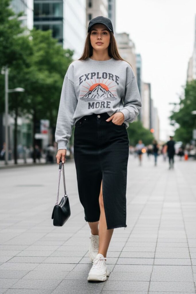 10. Black Denim Midi Skirt with a Graphic Sweatshirt