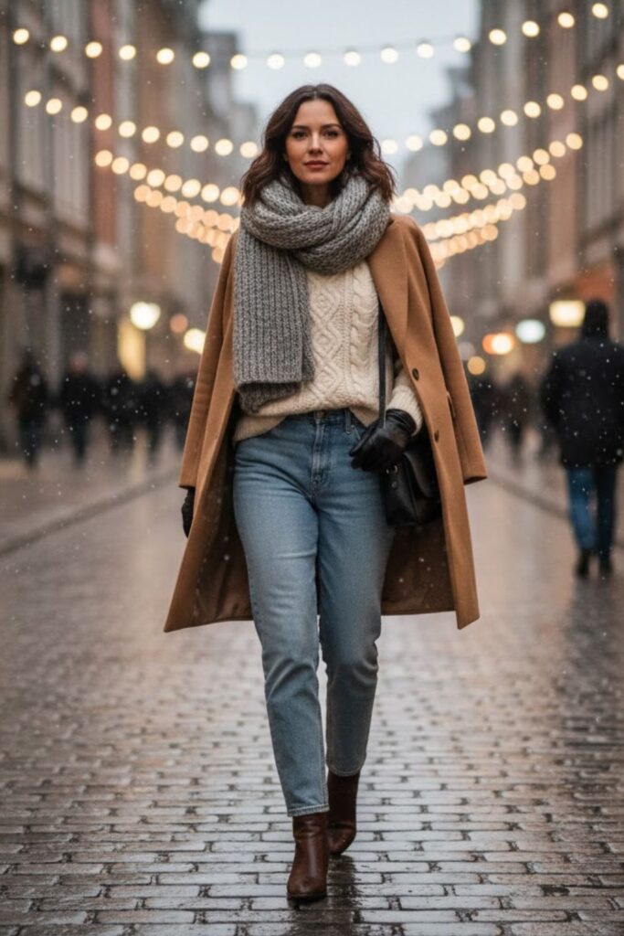 10. Cable Knit Sweater with Straight-Leg Jeans