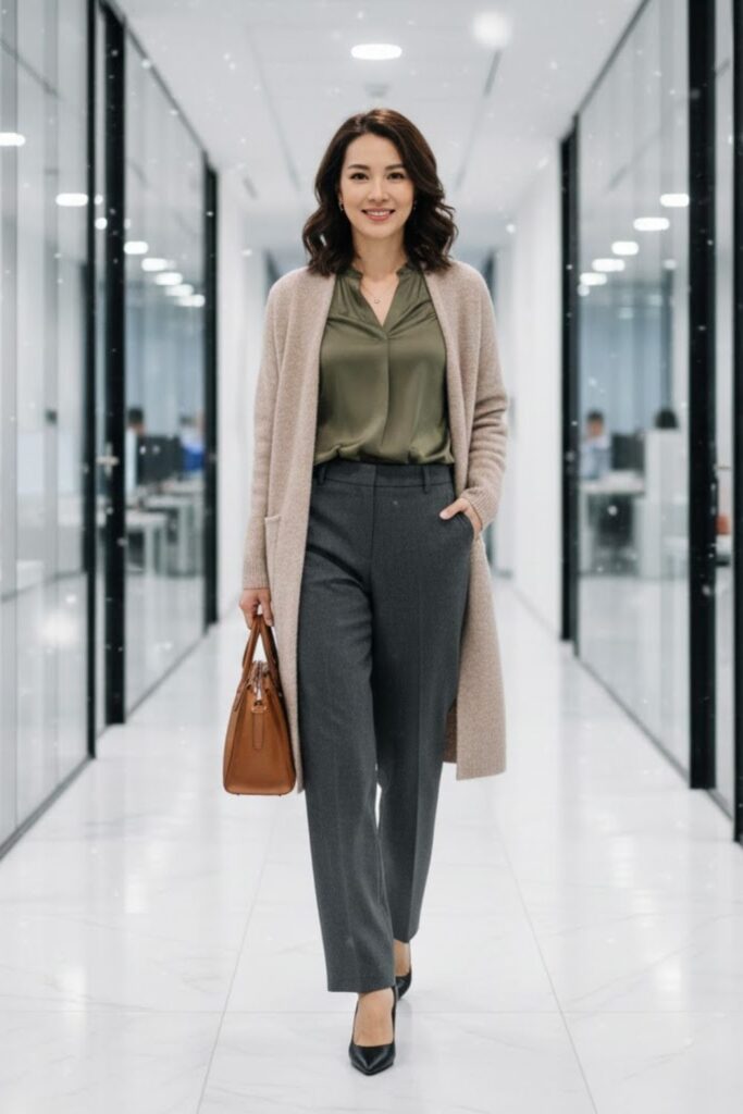 10. Cardigan and Satin Blouse Combo