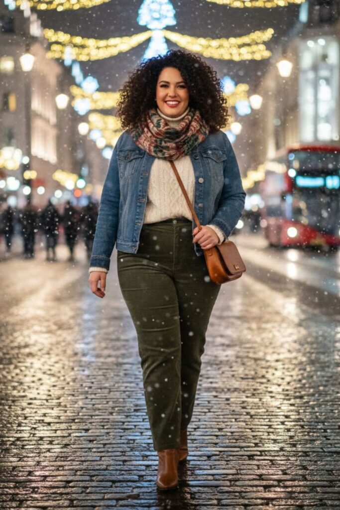 10. Denim Jacket with Knit Top and Corduroy Pants