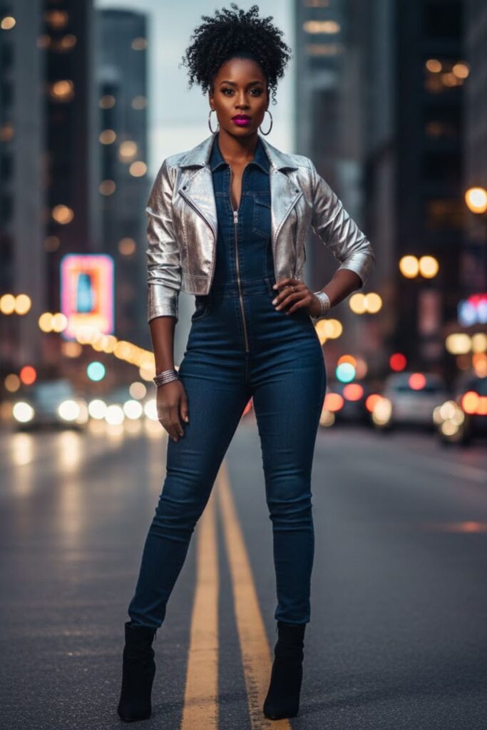 10. Denim Jumpsuit with Heeled Booties