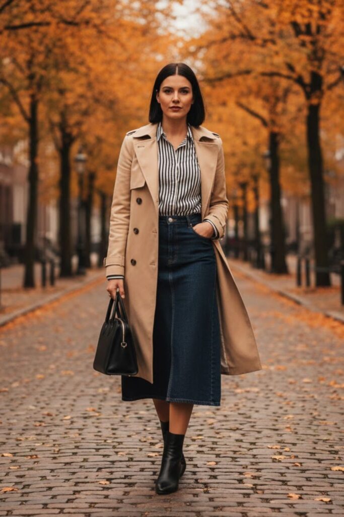 10. Denim Midi Skirt with a Button-Up Shirt and Trench Coat