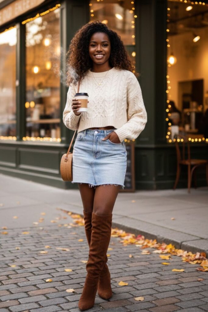10. Denim Mini Skirt with Crop Sweater