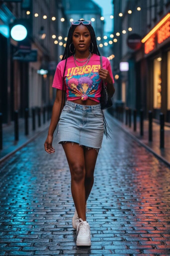 10. Denim Skirt with Cropped Tie-Front Graphic Tee