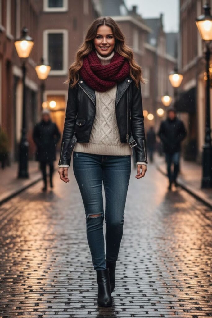 10. Distressed Jeans with Leather Jacket and Scarf