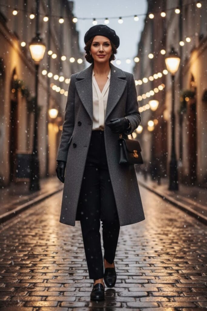 10. Double-Breasted Coat with Gloves and Beret