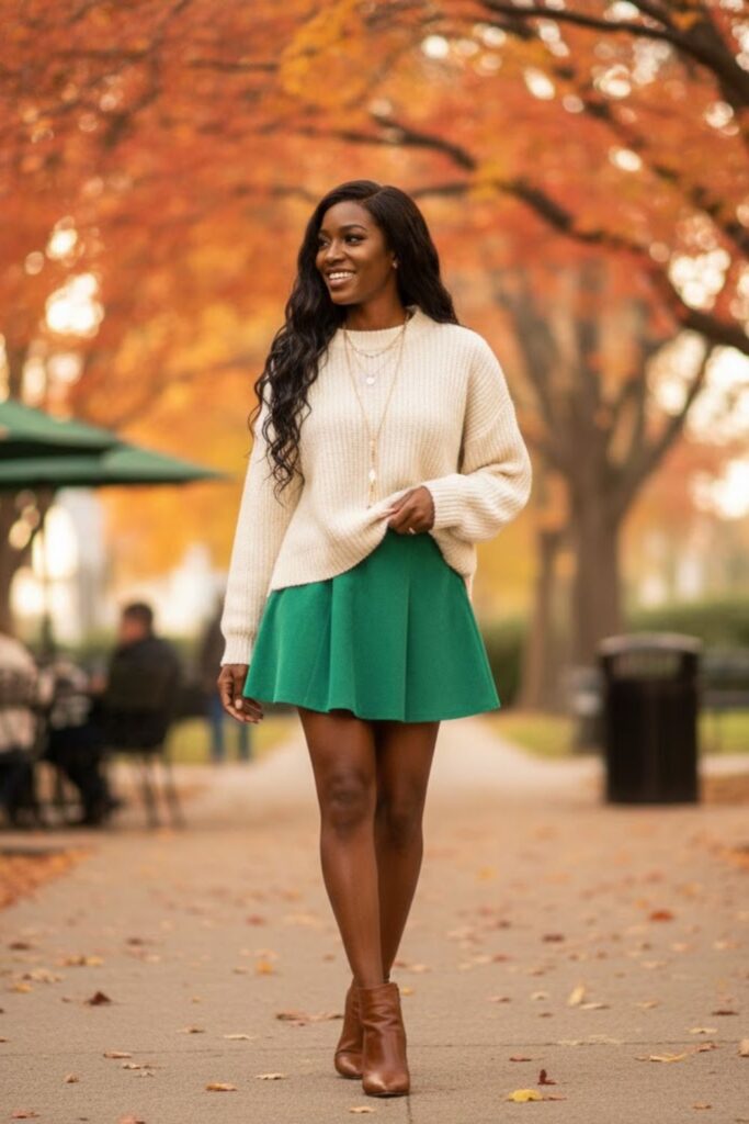 10. Green Mini Skirt with Sweater