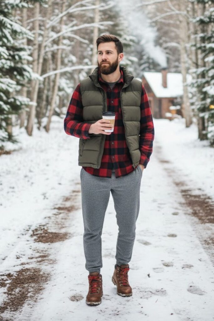 10. Grey Sweatpants with Flannel Shirt and Vest