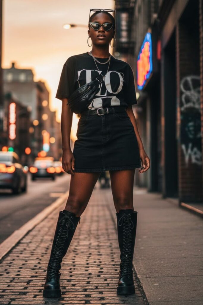 10. High-Waisted Mini Skirt with Lace-Up Boots