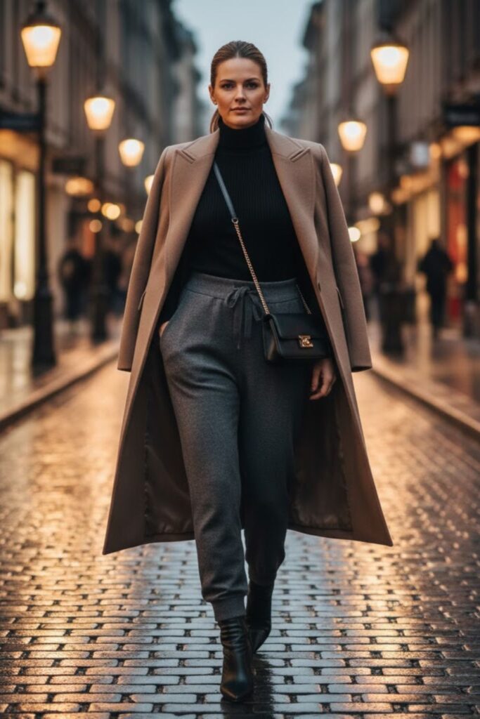 10. Joggers with Long Coat and Heeled Boots