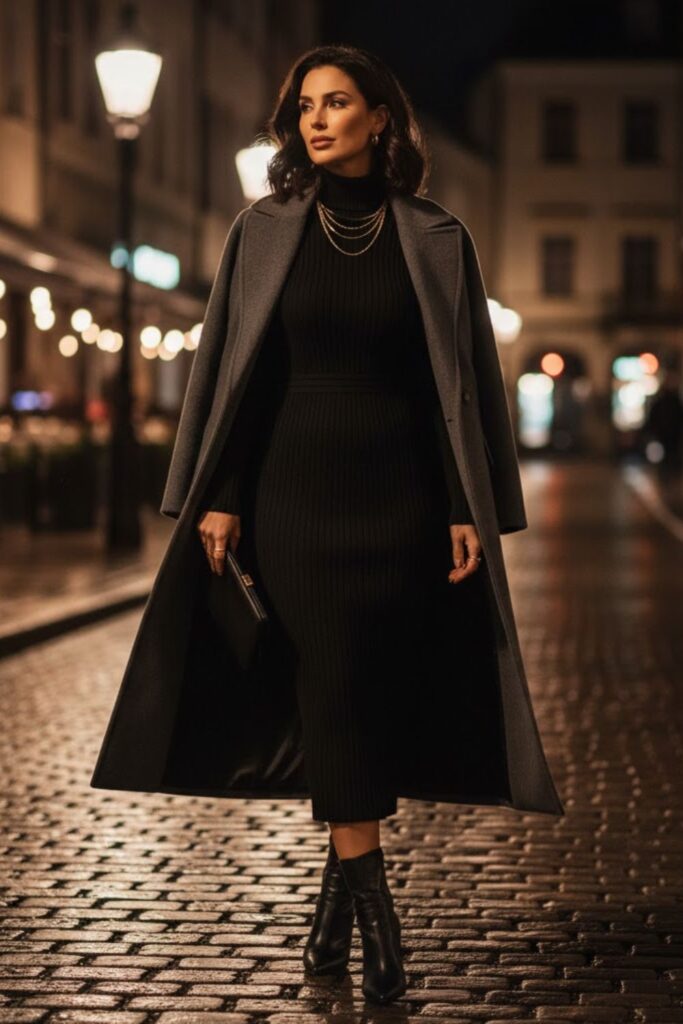 10. Knit Midi Dress with Longline Coat