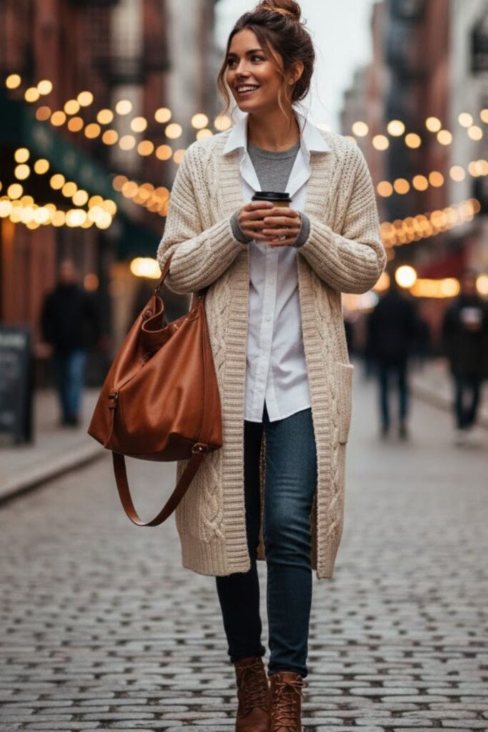 10. Long Cardigan Over Layered Shirts and Jeans