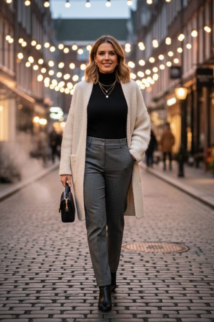 10. Long Cardigan with Turtleneck and Trousers