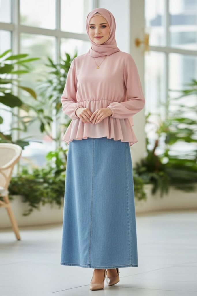 10. Long Denim Skirt with Peplum Top