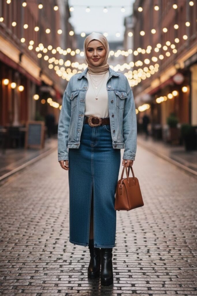 10. Long Denim Skirt with a Denim Jacket (Double Denim Look)
