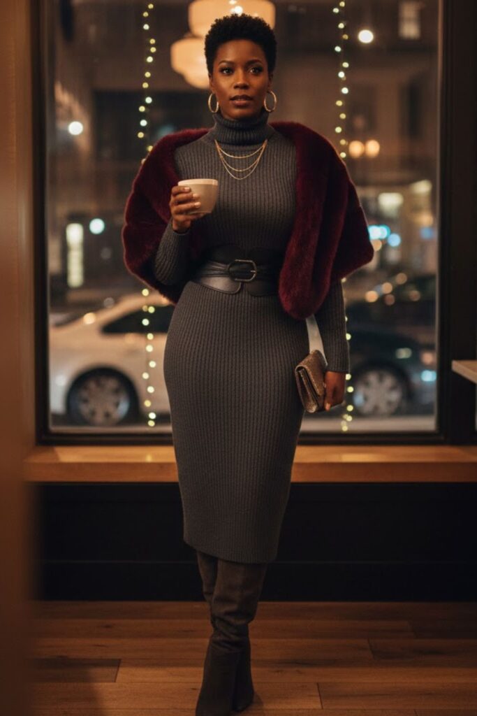 10. Maxi Sweater Dress with Belt and Boots