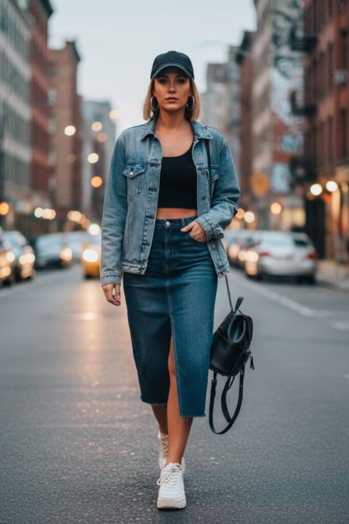10. Midi Denim Skirt with a Denim Jacket