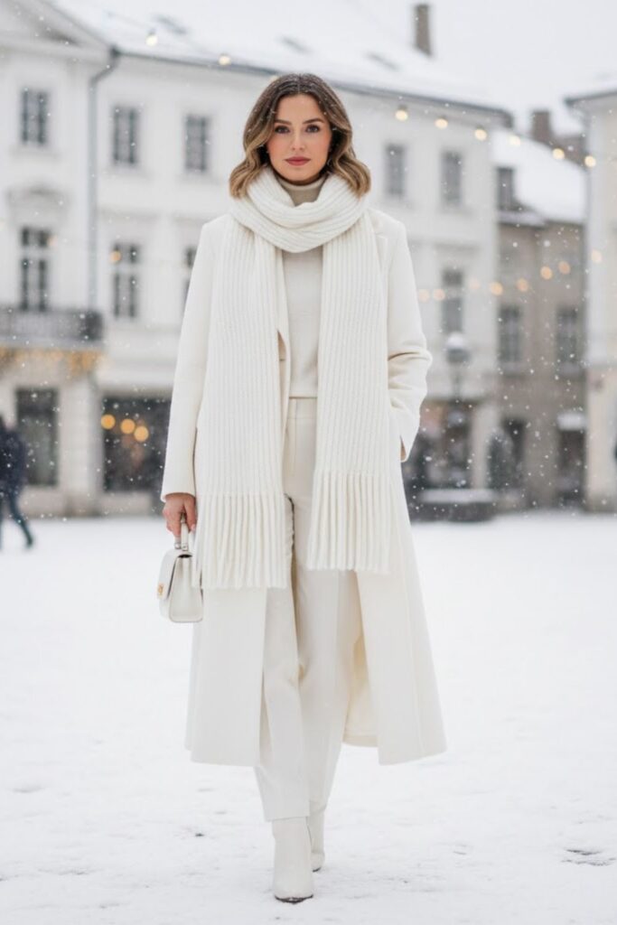 10. Monochrome White Outfit with Textured Scarf