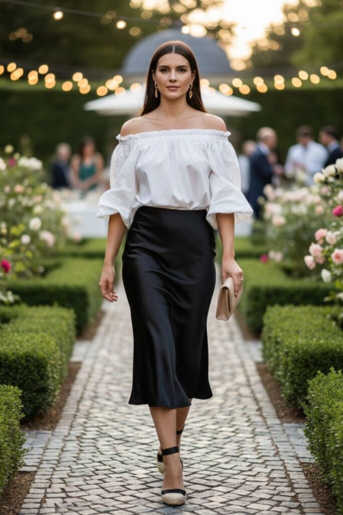 10. Off-Shoulder Blouse and Wedge Heels