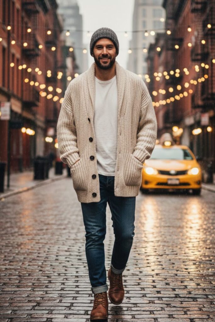 10. Oversized Cardigan with Jeans and Boots