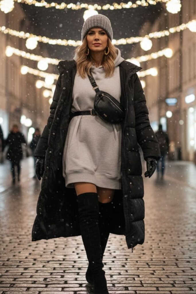 10. Oversized Hoodie Dress with Thigh-High Boots