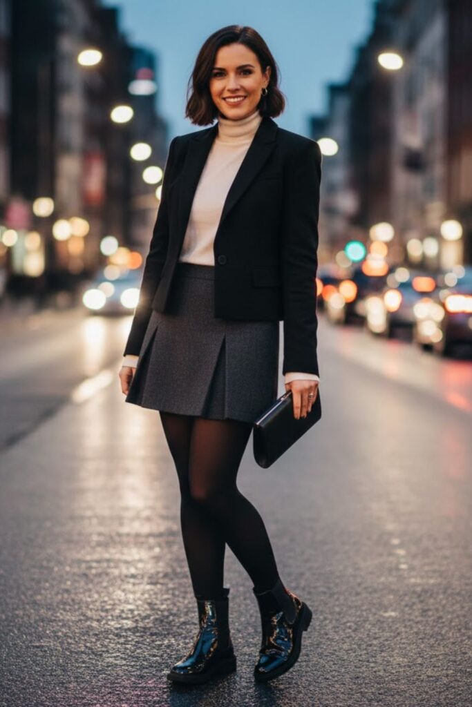 10. Patent Chelsea Boots with Mini Skirt and Tights